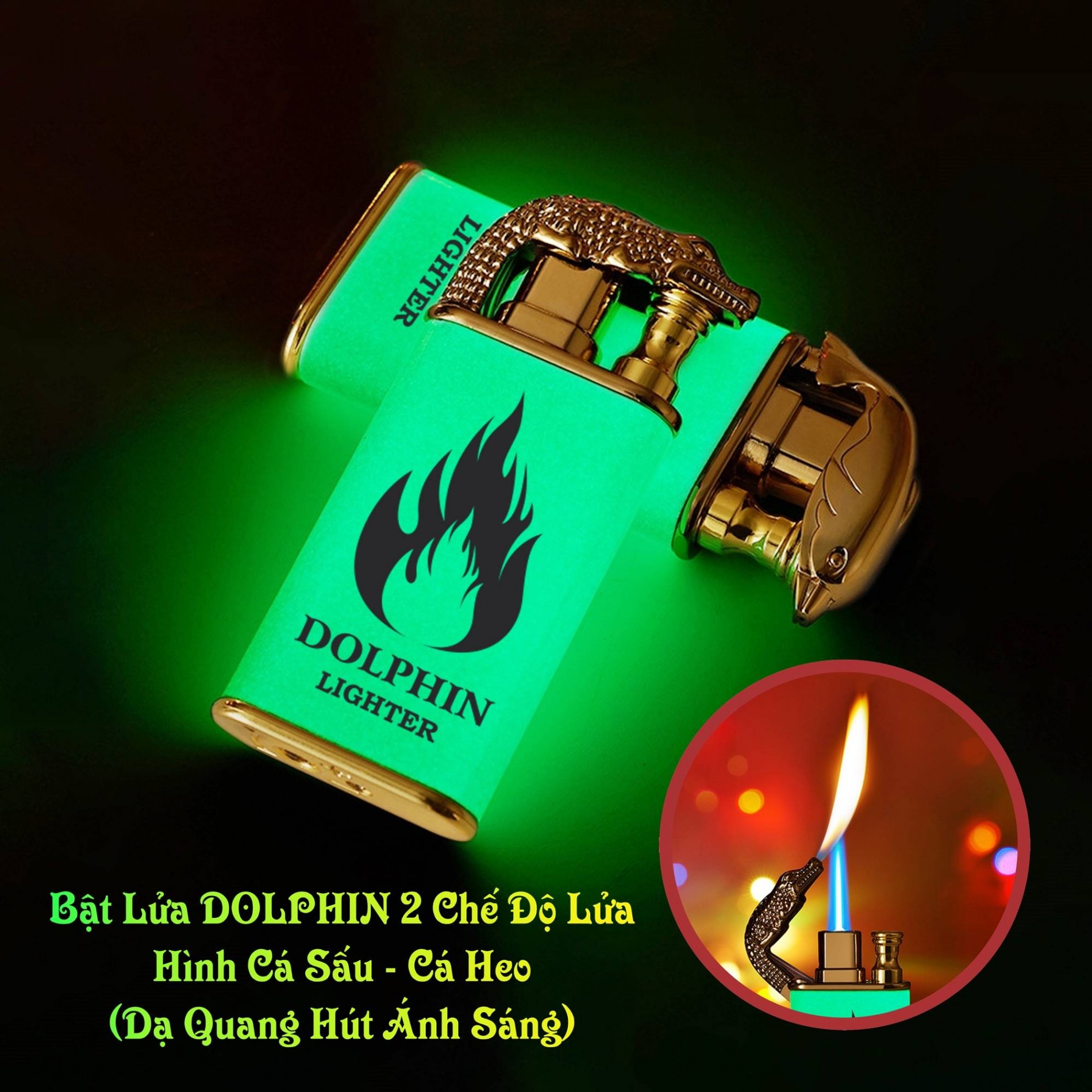 Hột quẹt bật lửa dolphin 2 chế độ lửa hình cá sấu - cá heo (dạ quang hút ánh sáng) - (xài gas)