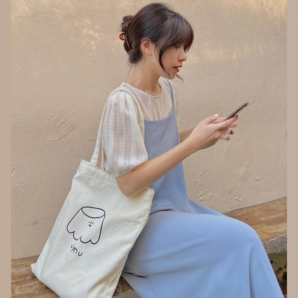 Set váy nữ dáng suông buộc dây eo - yếm kèm áo tay bồng Ulzzang S-Y
