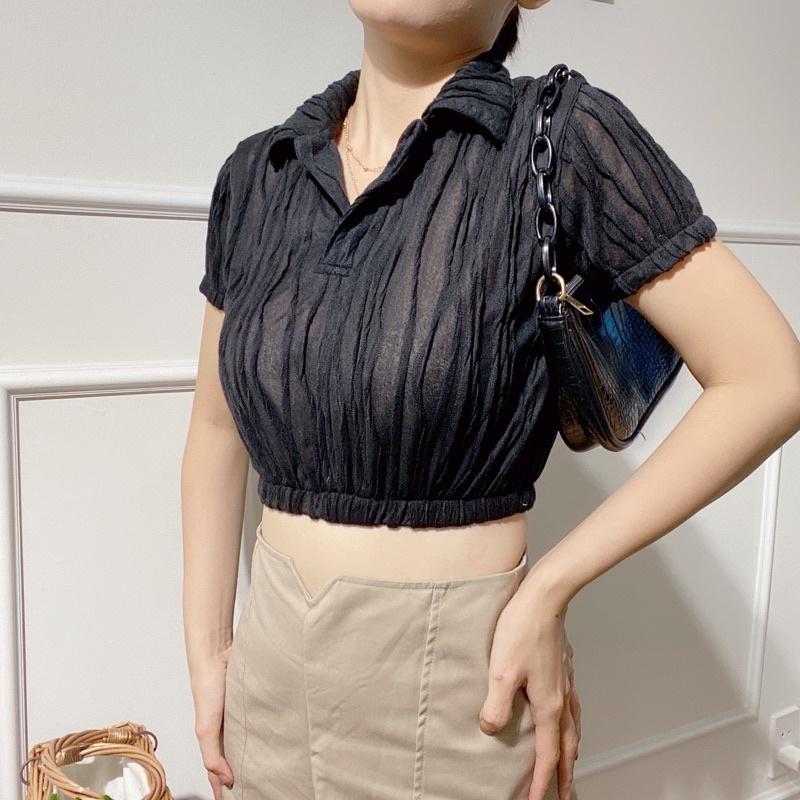 Áo thun lưới croptop xẻ trụ trắng đen- AUDREY STUDIO