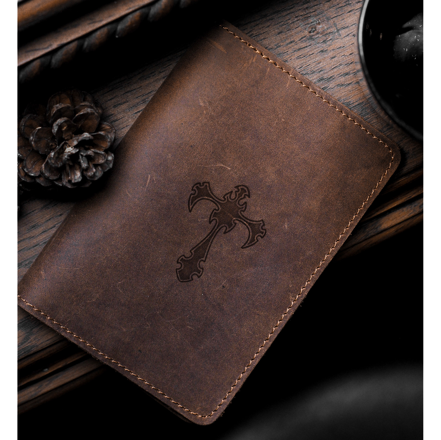 Passport Cover Bao Da Hộ Chiếu Da Sáp Khắc Hình Thánh giá CROSS 2 (BROWN)