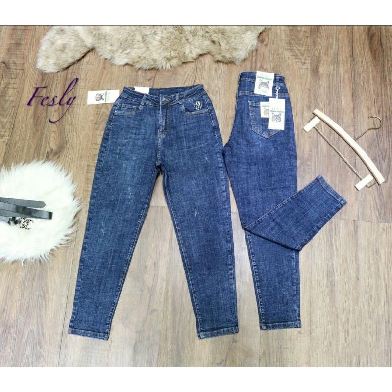 Quần Jeans Nữ Baggy Thêu Túi Cạp Cao