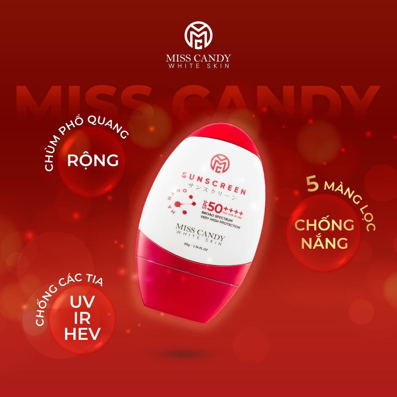 Kem Chống Nắng Song Kháng Nhật Bản MISS CANDY SUNSCREEN HA NANO SPF 50,PA ++++ 50g, Chống Nước, Chống UVA/UVB, Chống Ánh Sáng Xanh & Tia Hồng Ngoại,Bảo Vệ Da Lên Đến 8 Tiếng - PHỤNG BEAUTY