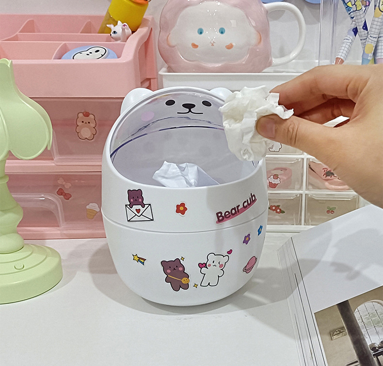 Thùng rác mini có nắp đậy để bàn hình gấu mèo cute sọt đựng rác thông minh dễ thương văn phòng phẩm