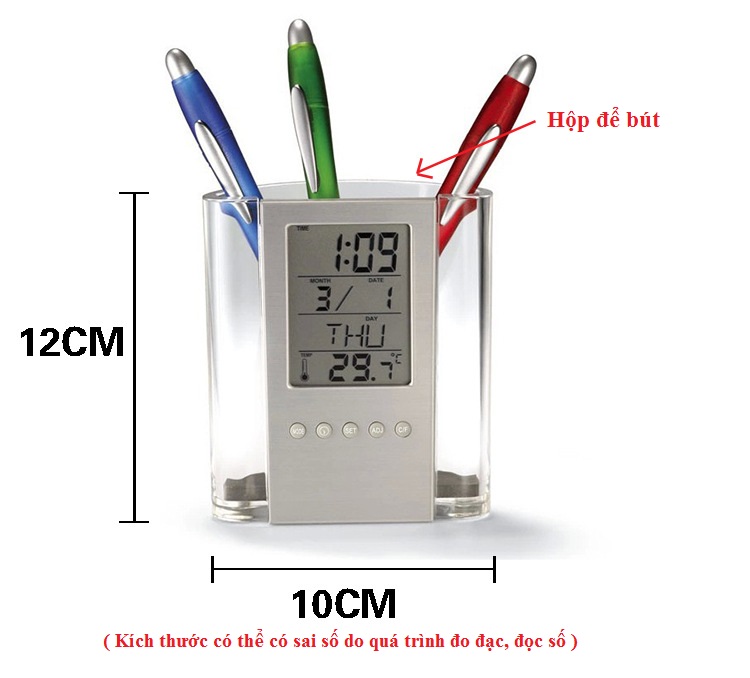 Hộp cắm viết có đồng hồ hiển thị thời gian, nhiệt độ có chức năng báo thức ( Tặng kèm bộ 6 con bướm dạ quang phát sáng )