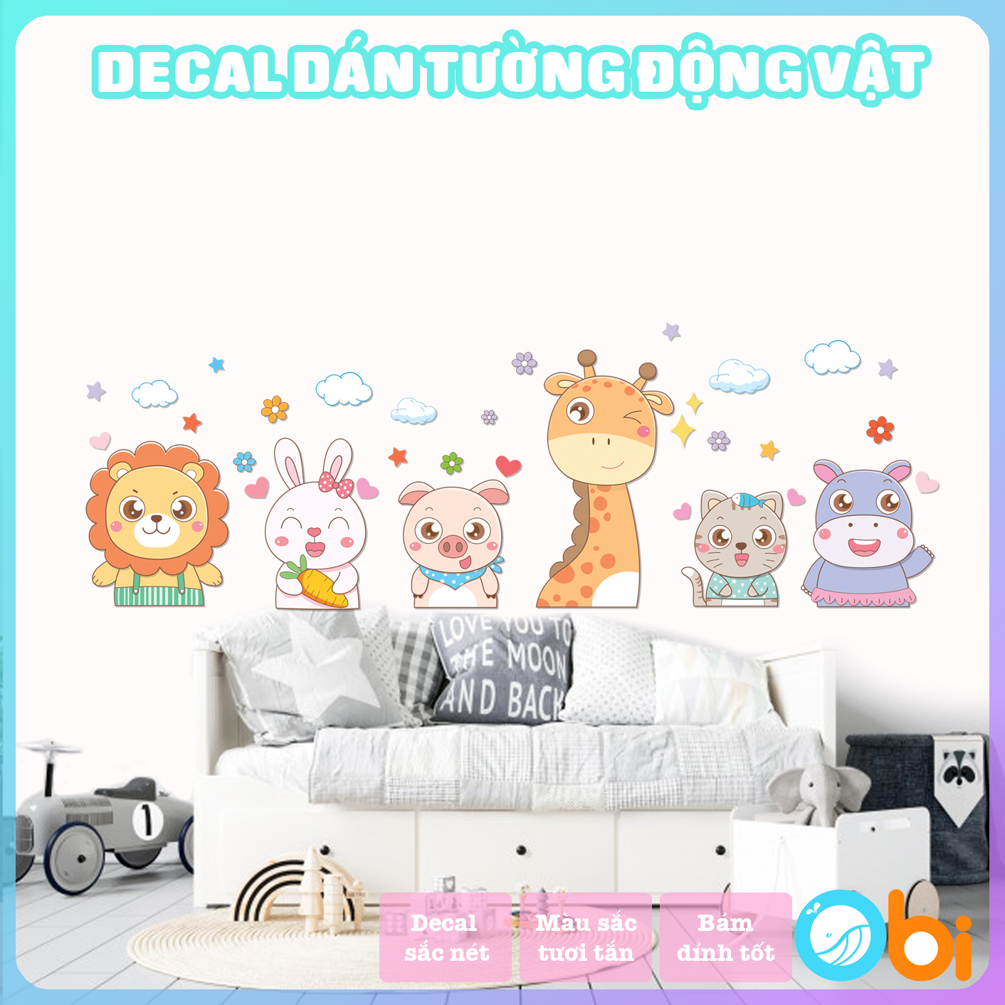 Decal dán tường cho bé - Decal động vật vui vẻ Obi shop