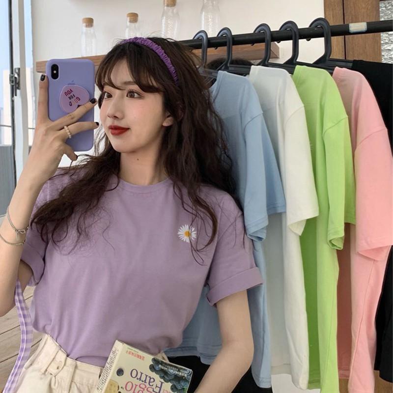 Women Summer Crew Neck College Short Sleeve Floral Print Loose T-Shirt Tops