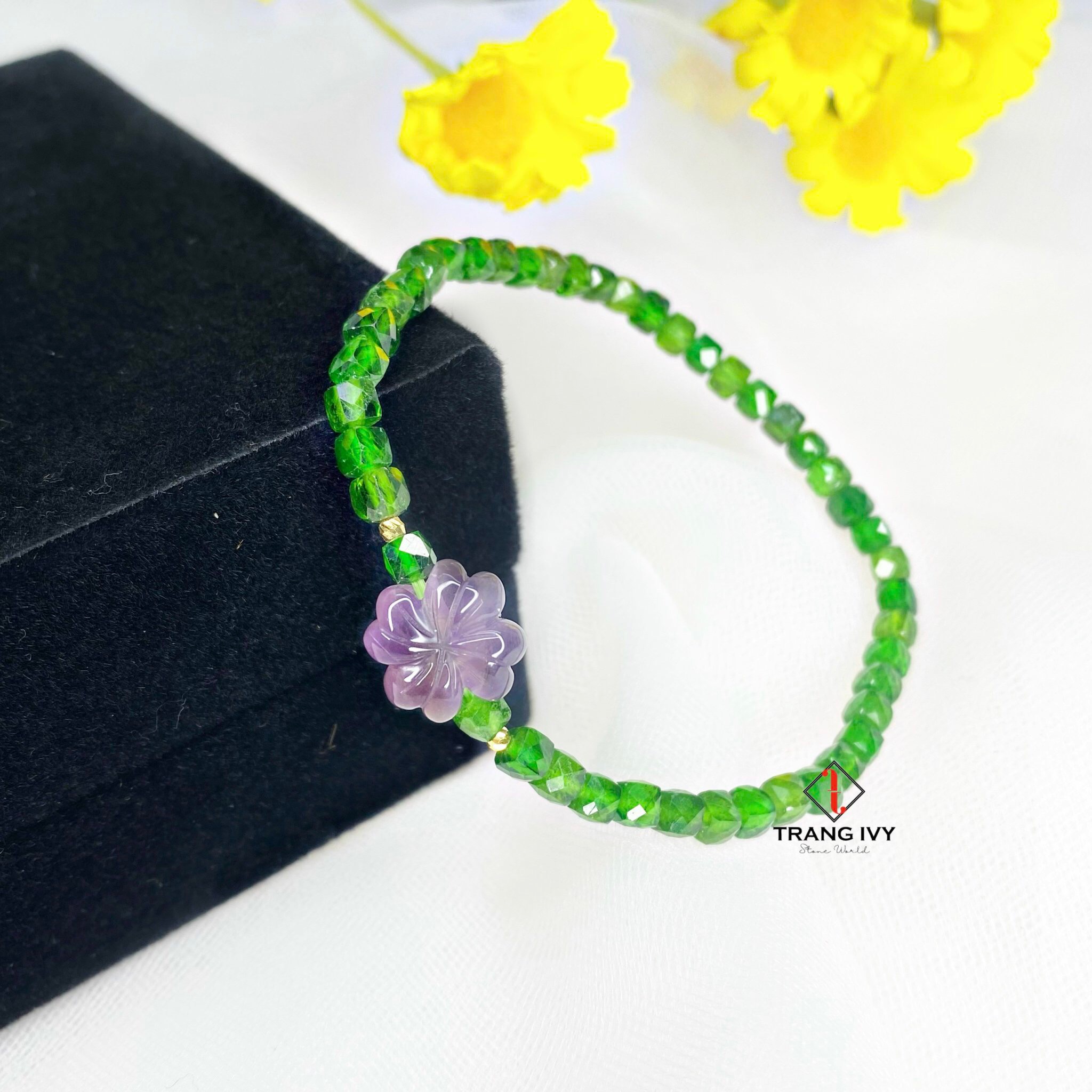 Vòng Tay Diopside Mix Cỏ 4 Lá Thạch Anh Tím