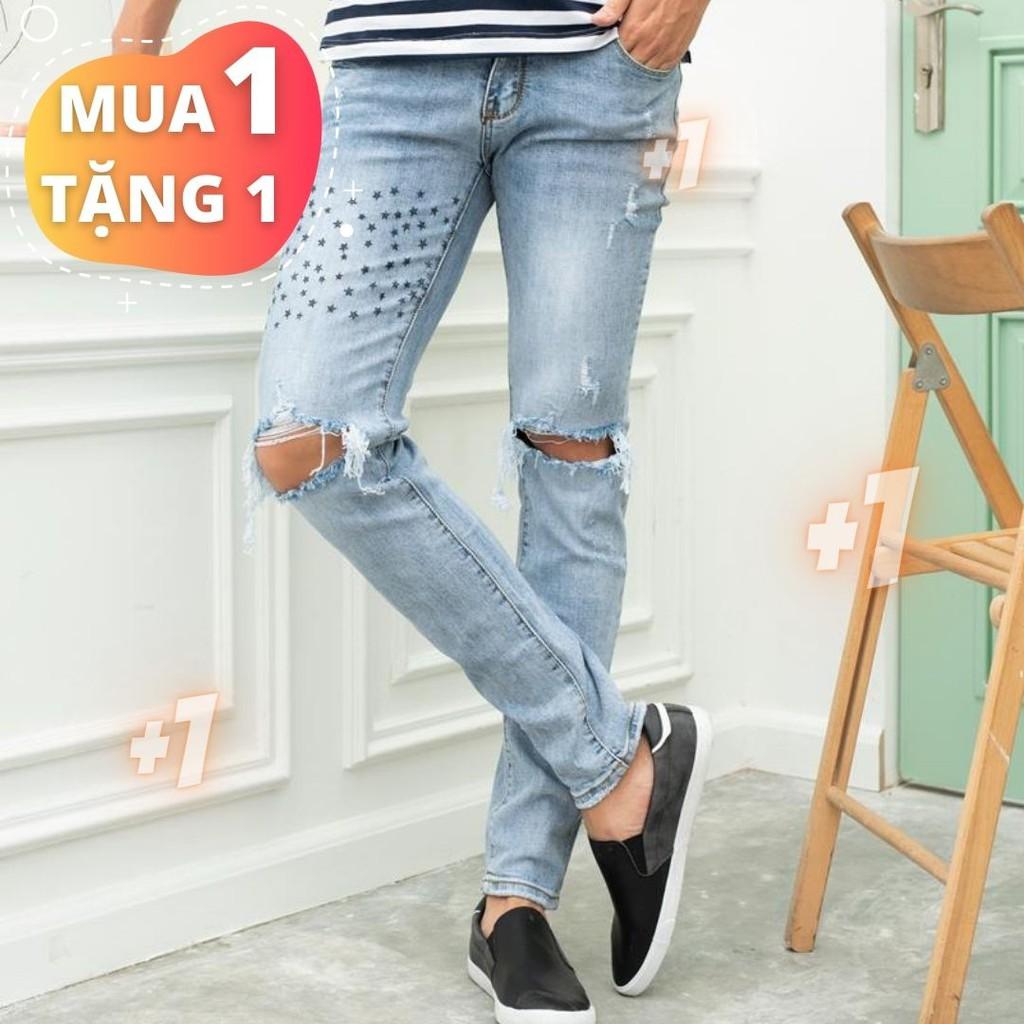 Sale Quần Jean Nam Rách Gối Màu Xanh 360 Boutique