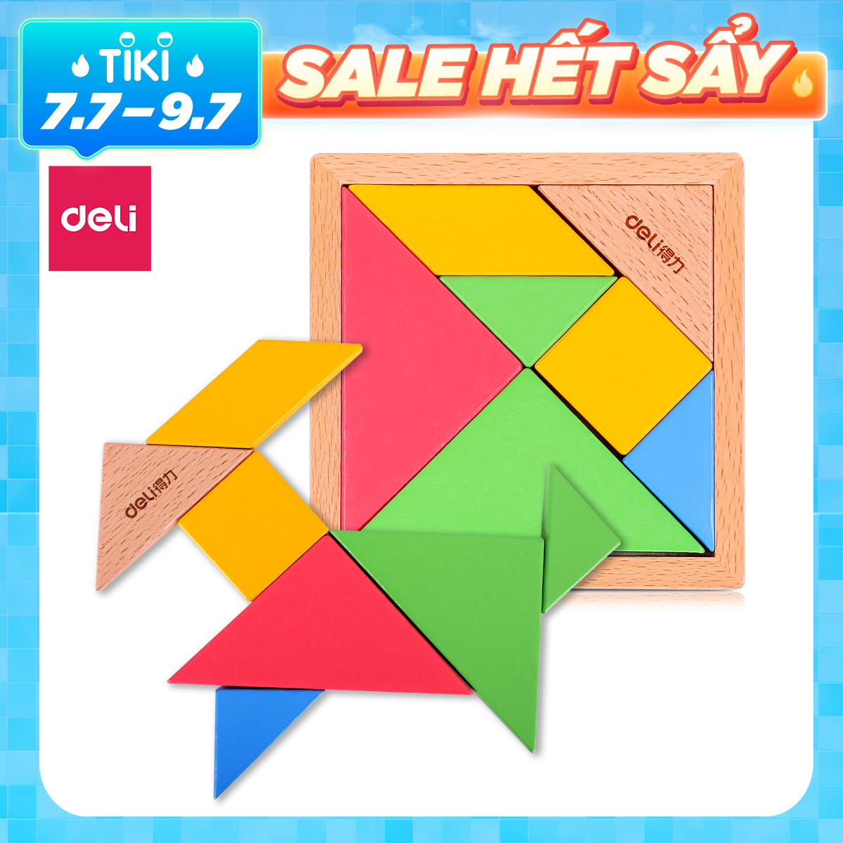 Bộ đồ chơi gỗ lắp ghép xếp hình tam giác tangram puzzle 7 miếng Deli - Đồ chơi giáo dục tư duy trí tuệ cho bé từ 3 tuổi - 74304