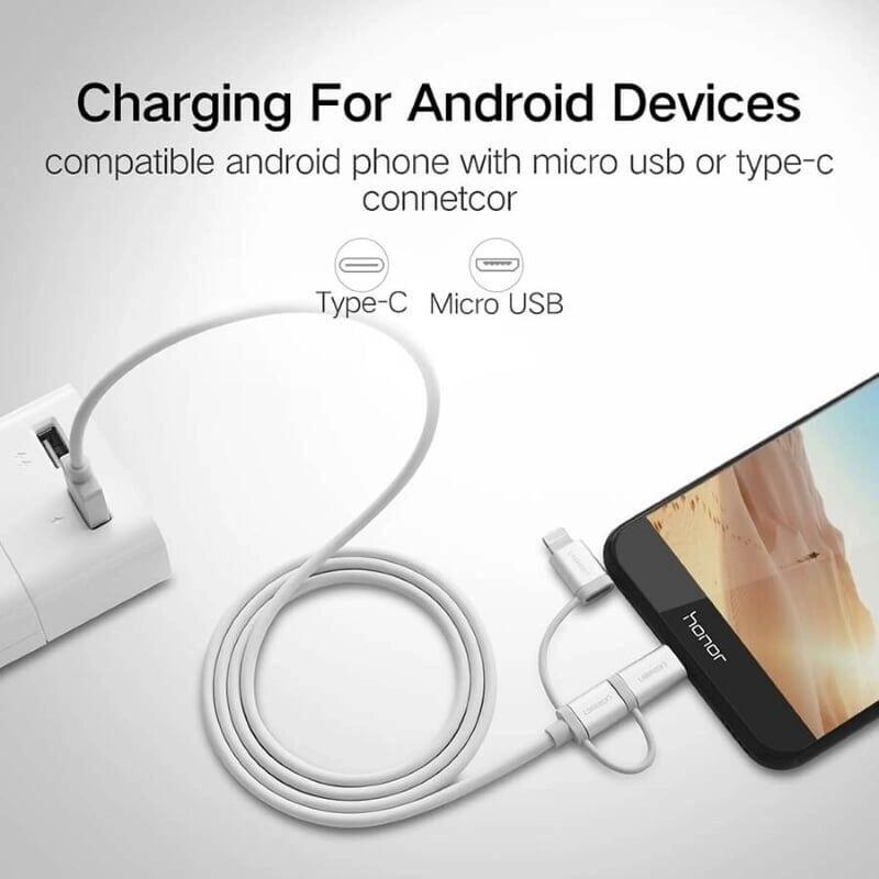 Ugreen UG50203US186TK 1.5M Màu Bạc Cáp sạc đa năng USB sang TypeC + Micro + Lightning - HÀNG CHÍNH HÃNG