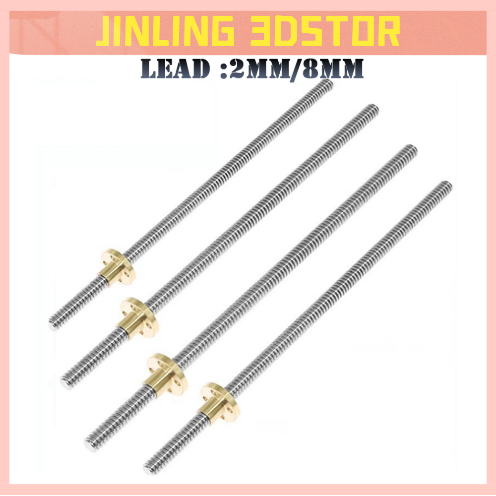 Máy in 3D T8 Vít chì OD 8 mm Pitch 2 mm dẫn 2 mm/8 mm 200mm 250mm 300mm 350mm 400mm 450mm 500mm với đai ốc để reprap