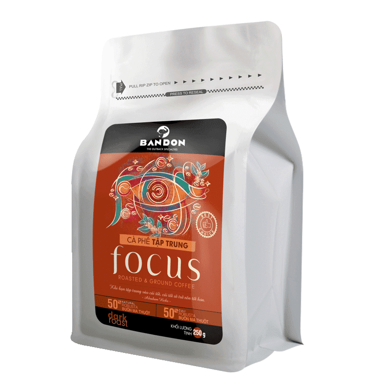 Cà phê phin nguyên chất rang xay mộc sạch BANDON FOCUS 250g đắng đậm, thơm nồng - 50% Robusta Natural, 50% Robusta Buôn Ma Thuột Culi