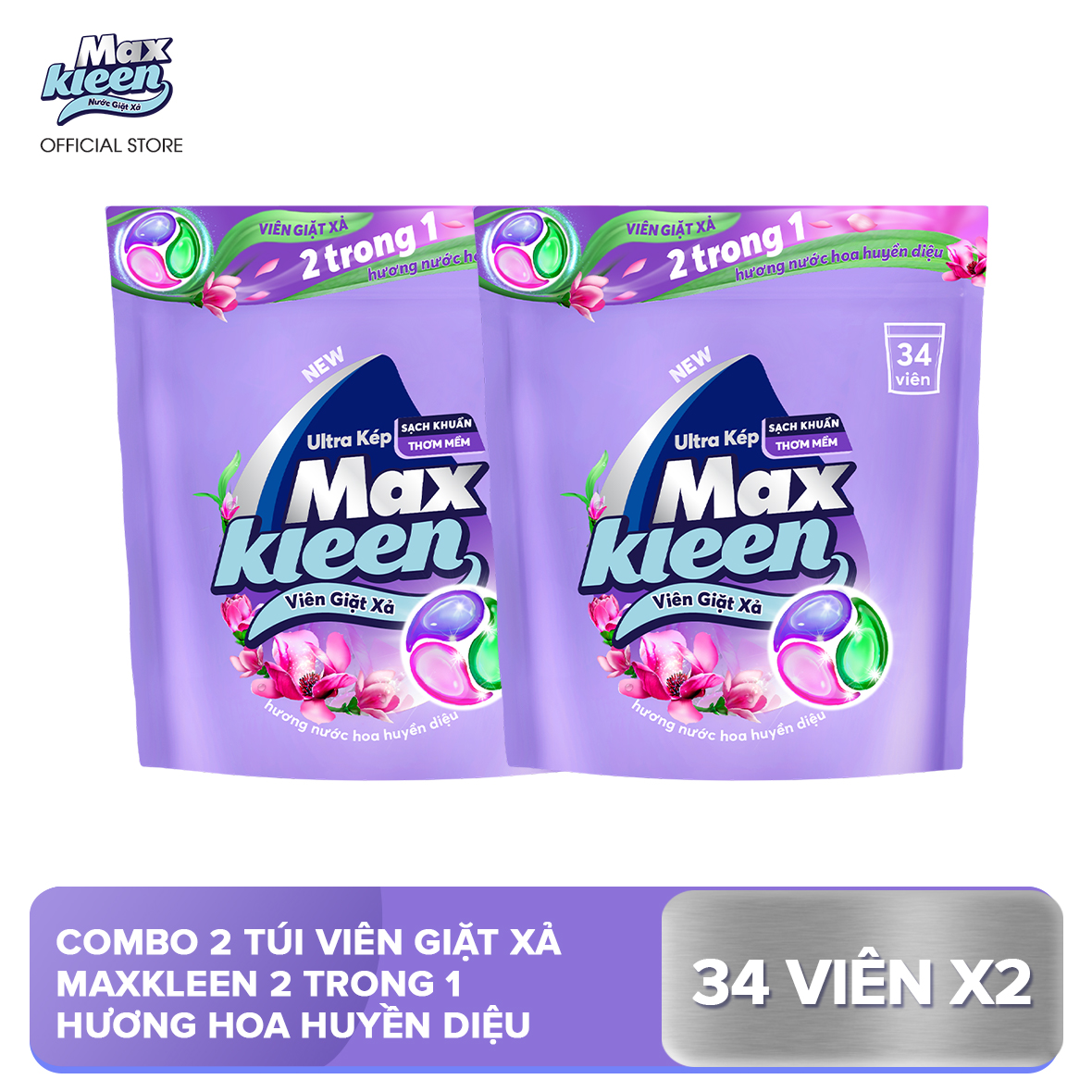 Combo 2 Túi Viên Giặt Xả MaxKleen Hương Huyền Diệu (34 viên/túi)