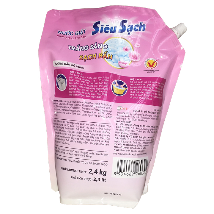 Túi Nước Giặt Lix Siêu Sạch Hương Hoa Anh Đào 2.4Kg - Trắng sáng sạch bẩn hương thơm nhẹ nhàng