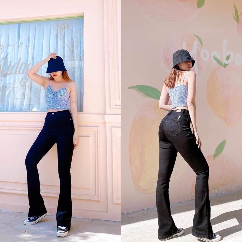 Quần Jeans Nữ Ống Loe Dài Màu Đen Co Giãn Tôn Dáng