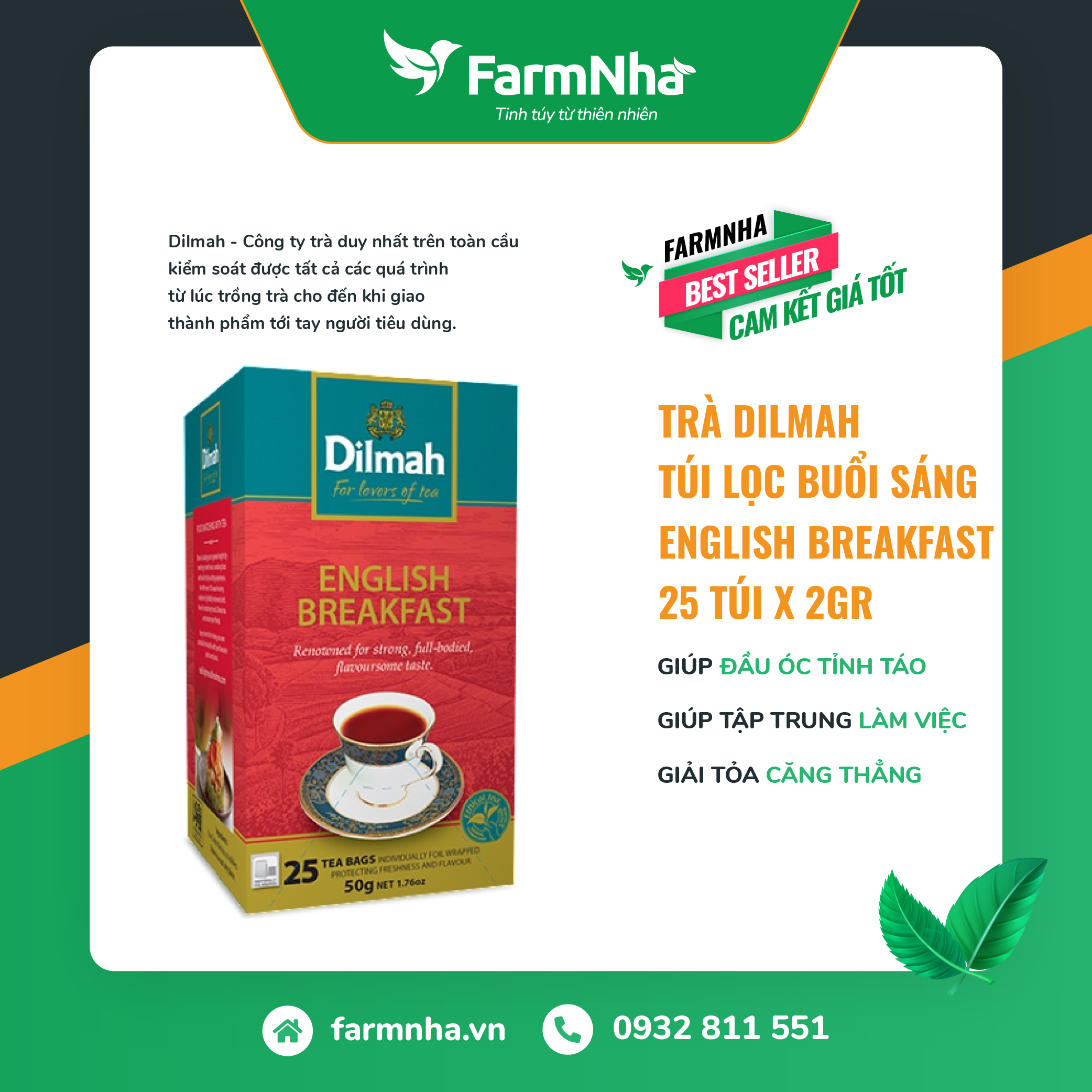 Trà Dilmah English Breakfast 50g (Túi bạc đặc biệt) 25 túi x 2g Trà Buổi Sáng - Tuyệt vời để khởi đầu một ngày mới