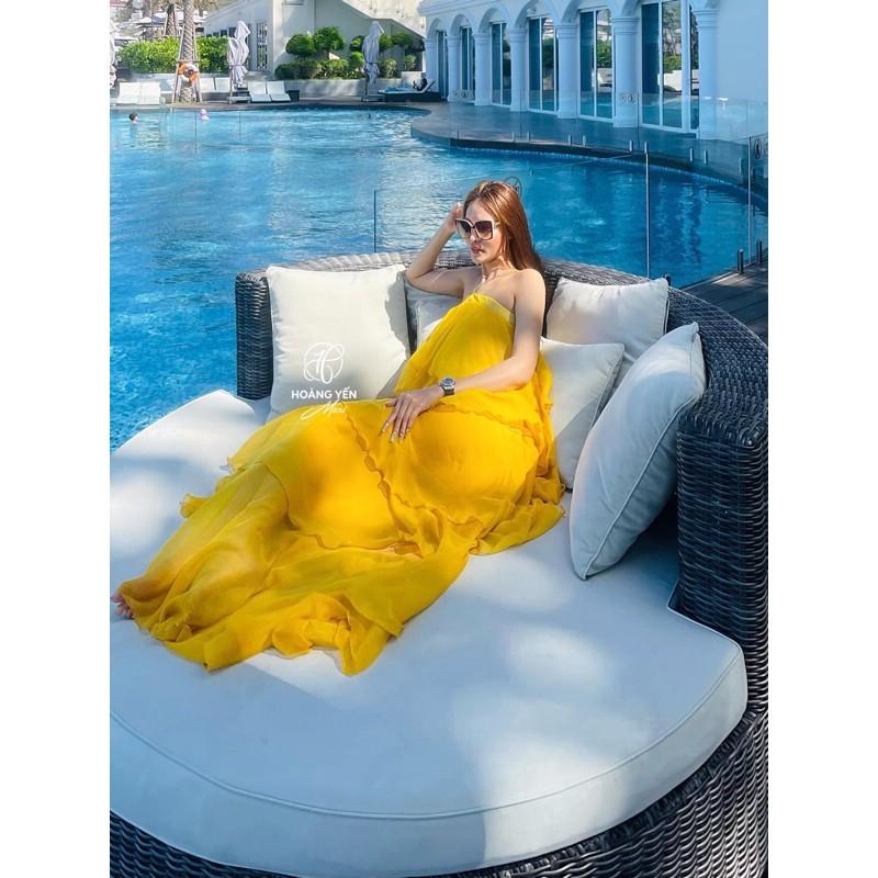 Đầm maxi loại 1 chất tơ xịn màu vàng 5 tầng hai dây chất liệu tơ
