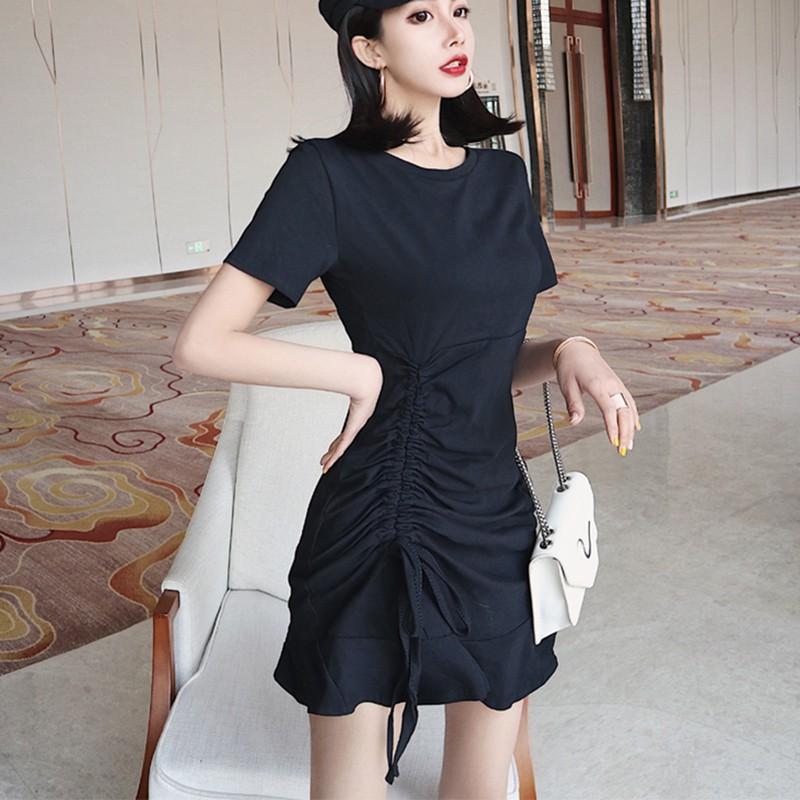 Đầm ngắn tay cổ tròn thiết kế rút dây thanh lịch cho nữ