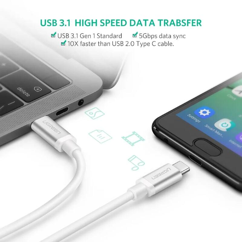 Ugreen UG10682US161TK 1.5M màu bạc Dây USB Type-C truyền dữ liệu và sạc mạ Nikel đầu nhôm - HÀNG CHÍNH HÃNG