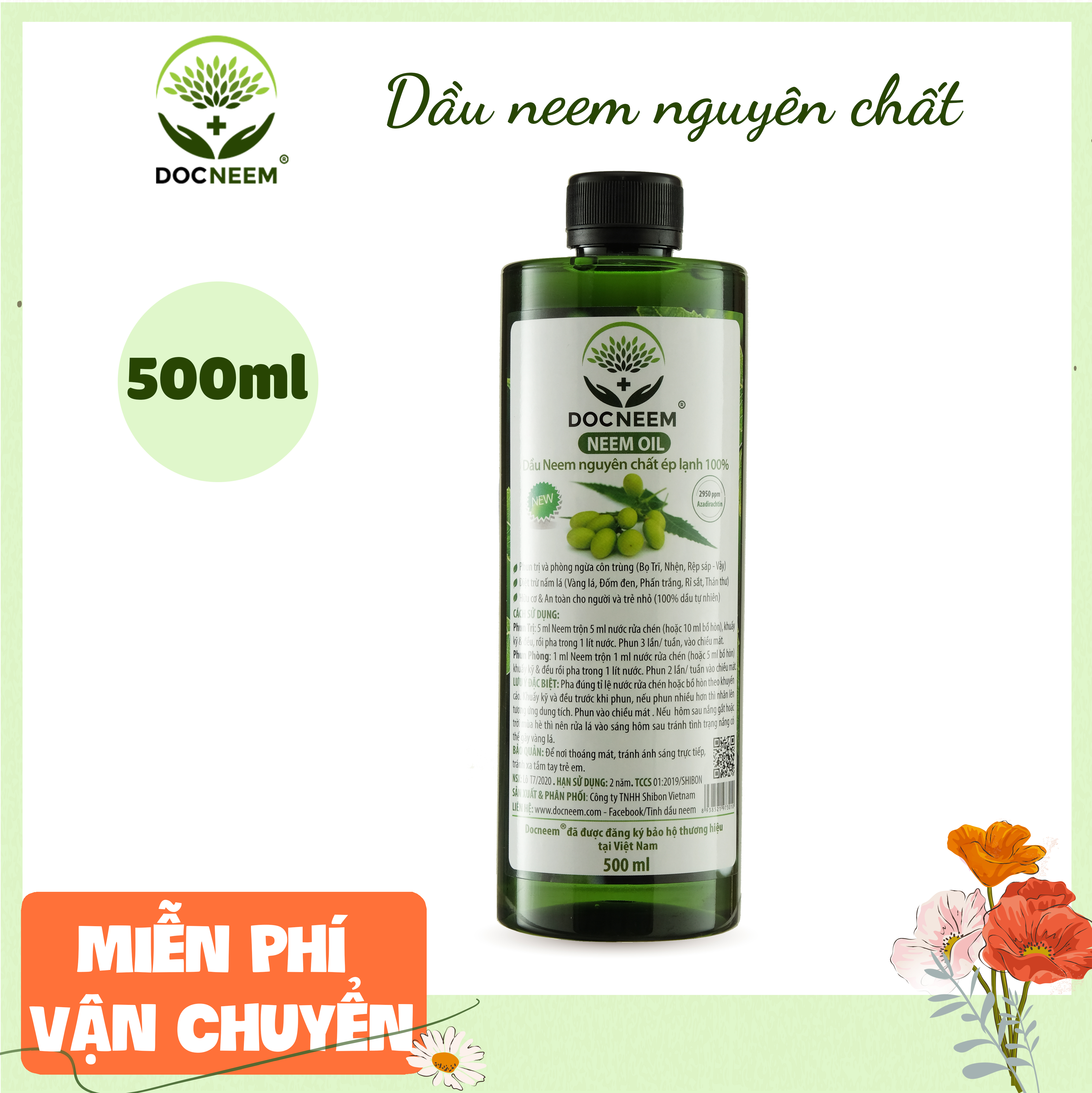 Dầu neem oil nguyên chất DOCNEEM hữu cơ phòng trị sâu bệnh hoa hồng, phong lan, cây cảnh, ép lạnh 500ml