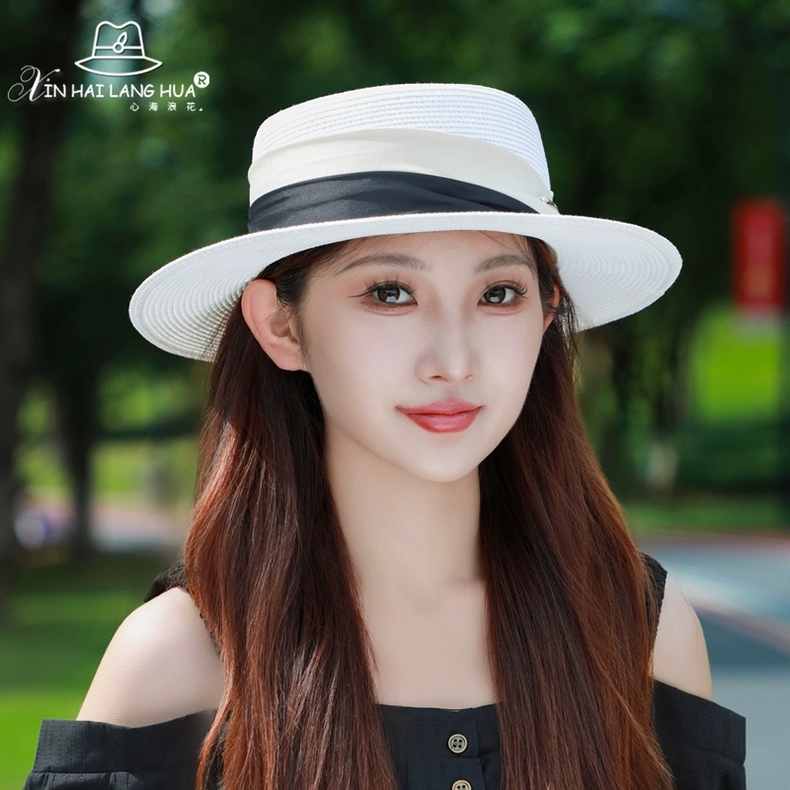 Nón vành nhỏ fedora chất liệu cói mũ rộng vành đi biển phối đai đen trắng thời trang Hàn Quốc Chất liệu cói thoáng mát Kích thước vành rộng 5cm