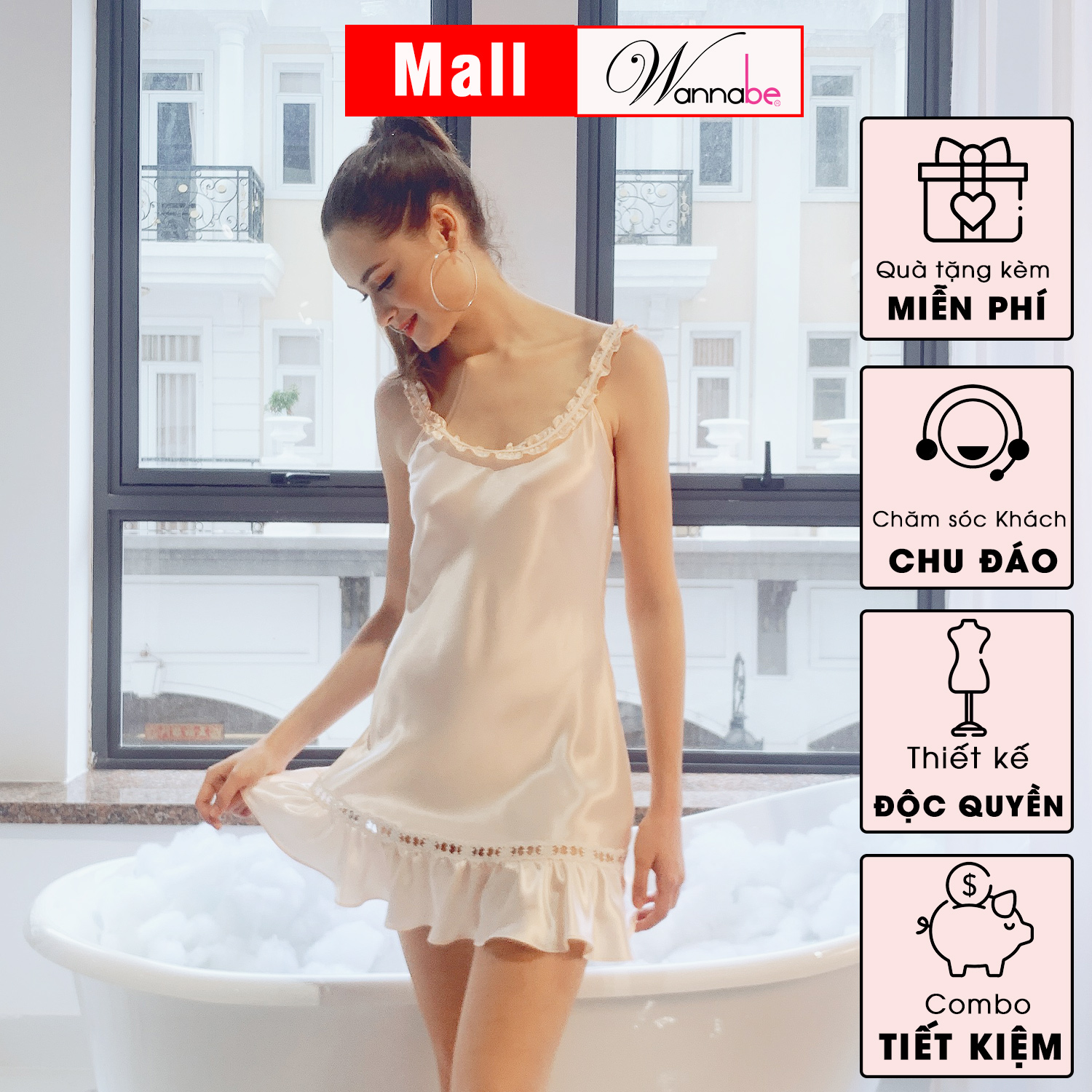 Đầm ngủ phi lụa Wannabe DNS09 kiểu dáng nhún bèo nữ tính đáng yêu
