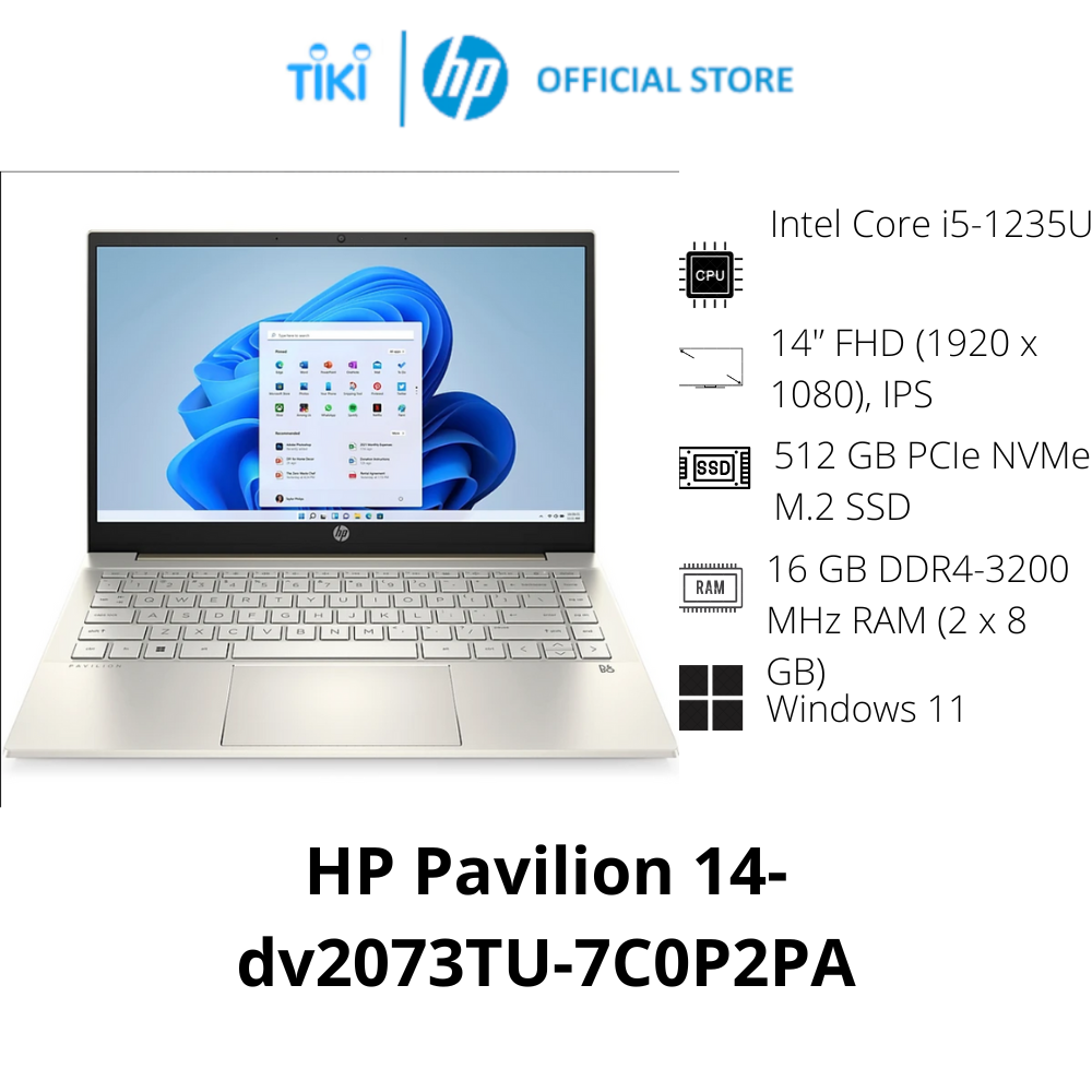 Laptop HP Pavilion 14-dv2073TU-7C0P2PA, core i5-1235U/16GB/512GB/Intel Graphics,14"FHD/Win11 Home 64/Vàng - Hàng Chính Hãng