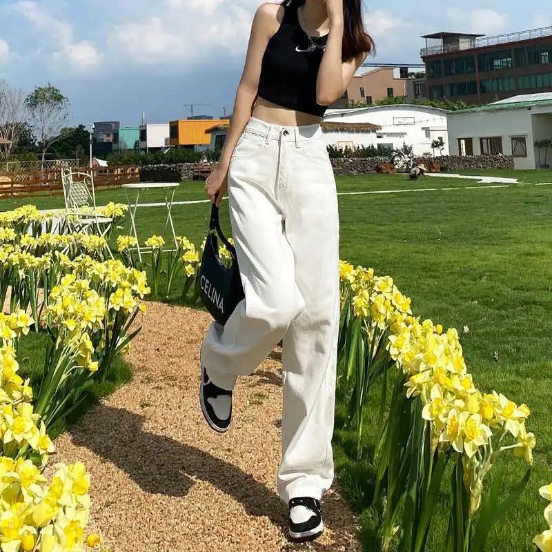 Quần Jeans Kaki Nữ Màu Trắng Cạp Cao Ống Suông Basic Phong Cách Ulzzang Xu Hướng Hot Trend Loại 1 Mặc Hàng Ngày Đi Học