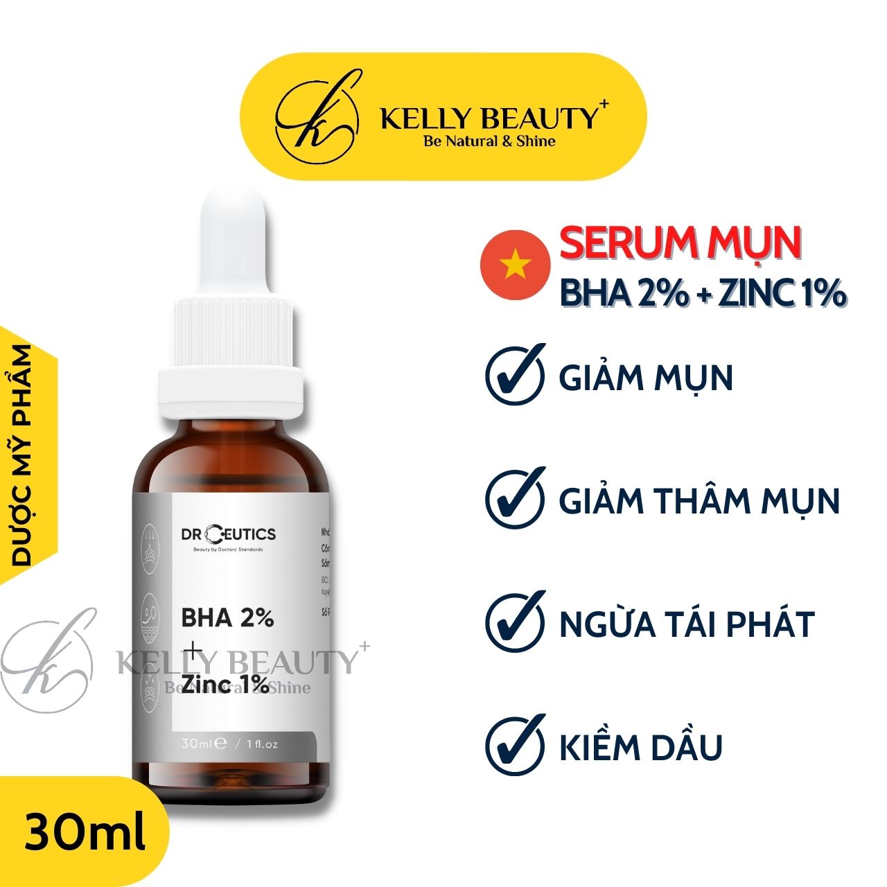 Serum Mụn DrCeutics BHA 2% + ZinC 1% - Cải Thiện &amp; Ngừa Mụn; Giúp Kiềm Dầu | Kelly Beauty