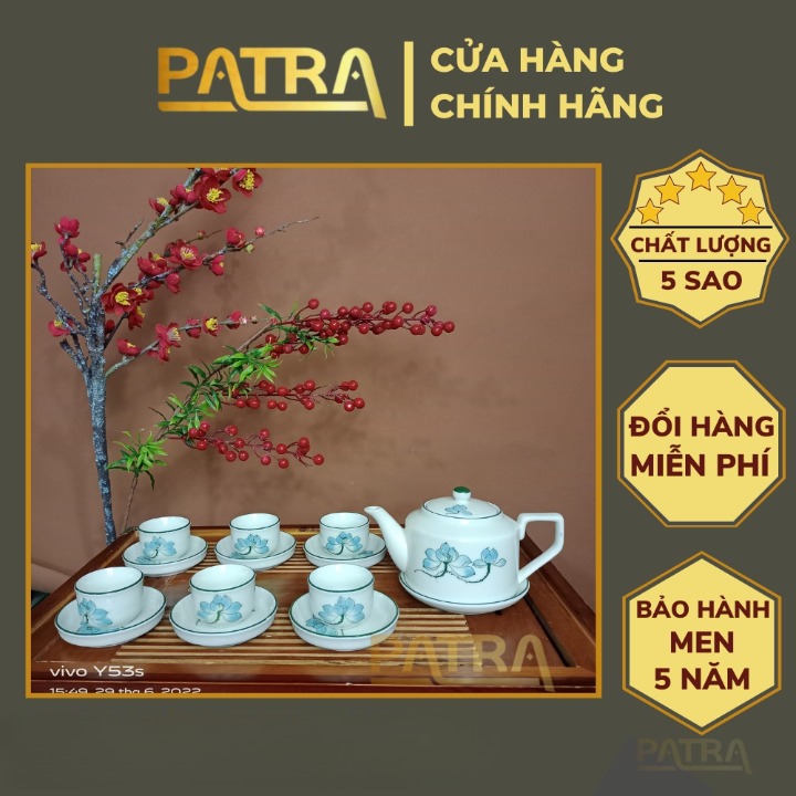 Bộ ấm chén uống trà cao cấp , bộ ấm trà Bát Tràng men kem họa tiết hoa sen xanh