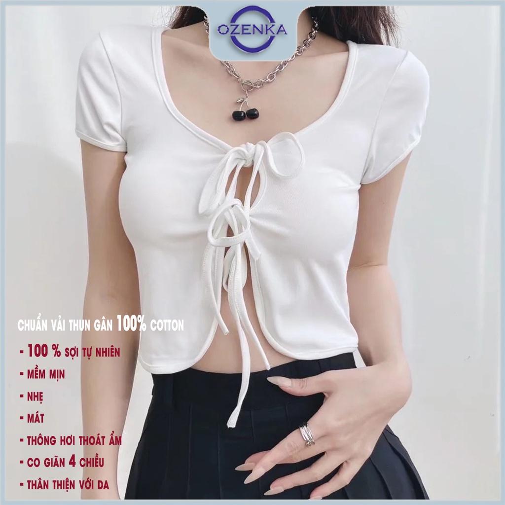 Áo croptop kiểu buộc dây gợi cảm cộc tay nữ OZENKA , áo crt ôm body sexy cotton màu đen trắng dưới 55 cân