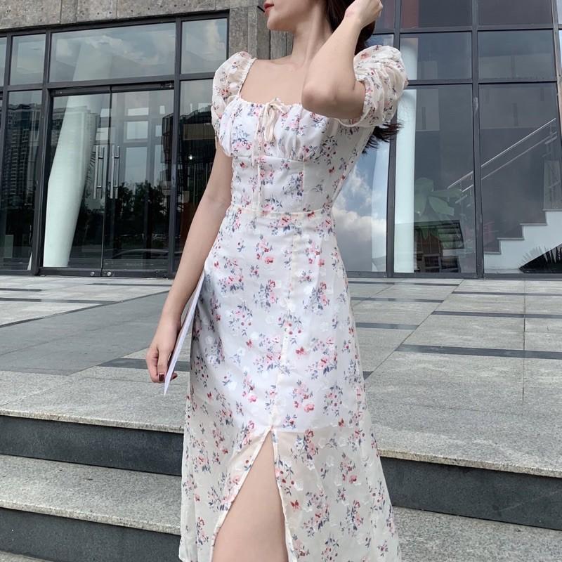 Đầm lụa hoa nhí thắt nơ ngực, xẻ tà, dáng xoè - AUDREY STUDIO