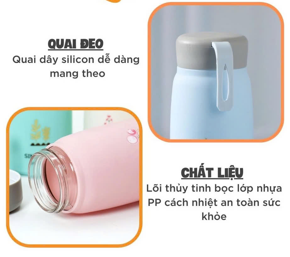 Ly Giữ Nhiệt Bình giữ nhiệt 350ml lõi thủy tinh bọc nhựa lúa mạch cách nhiệt 15x7cm