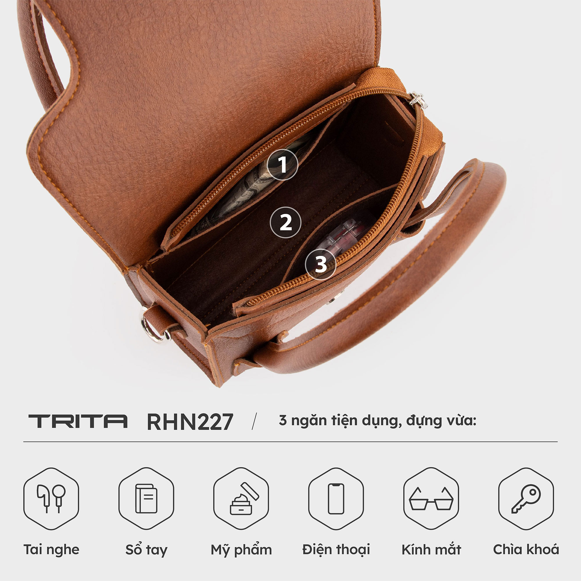 Túi Trita ( Thời trang nữ kiểu dáng quai kép size 18 - Túi đeo chéo da RHN227 )