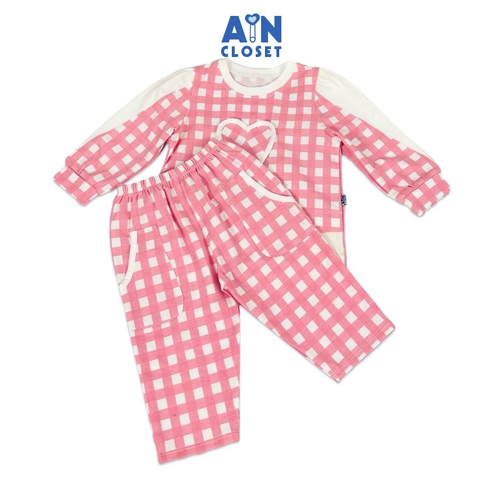 Bộ quần áo Dài bé gái họa tiết Caro Hồng túi Tim thun cotton - AICDBGLKWJVJ - AIN Closet