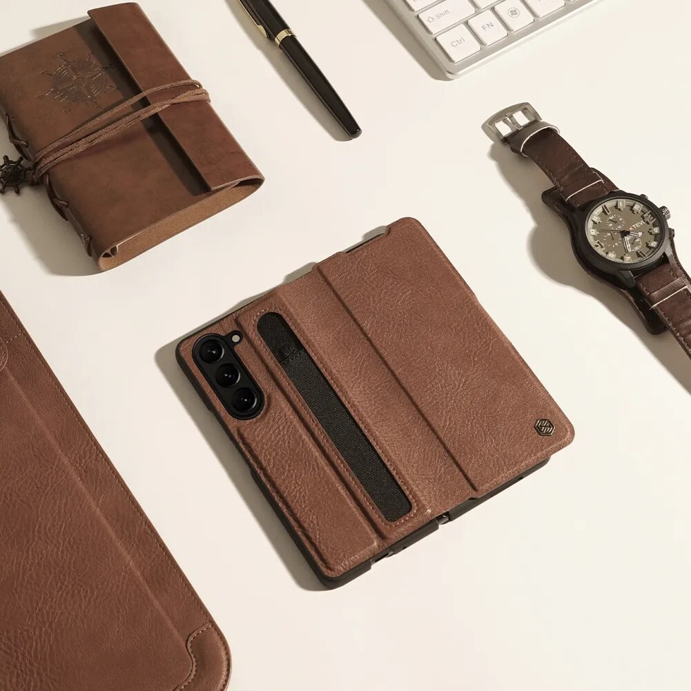 Case bao da chống sốc cho Samsung Galaxy Z Fold 5 trang bị ngăn đựng S-Pen hiệu Nillkin Aoge Leather Cover Case (bảo vệ máy cực tốt, chất liệu da thật cao cấp, thiết kế thời trang cá tính) - hàng nhập khẩu