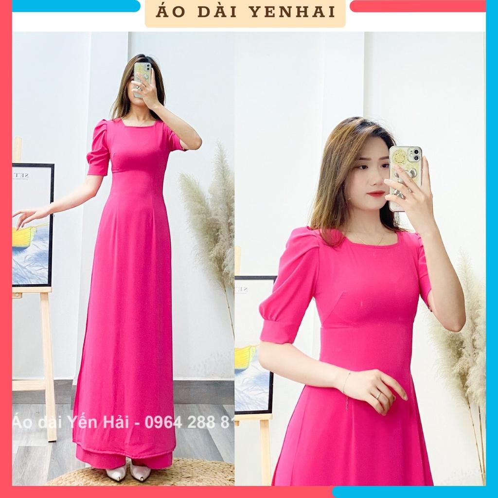 Áo dài thiết kế cổ vuông trẻ trung chất liệu lụa Thái Tuấn hồng