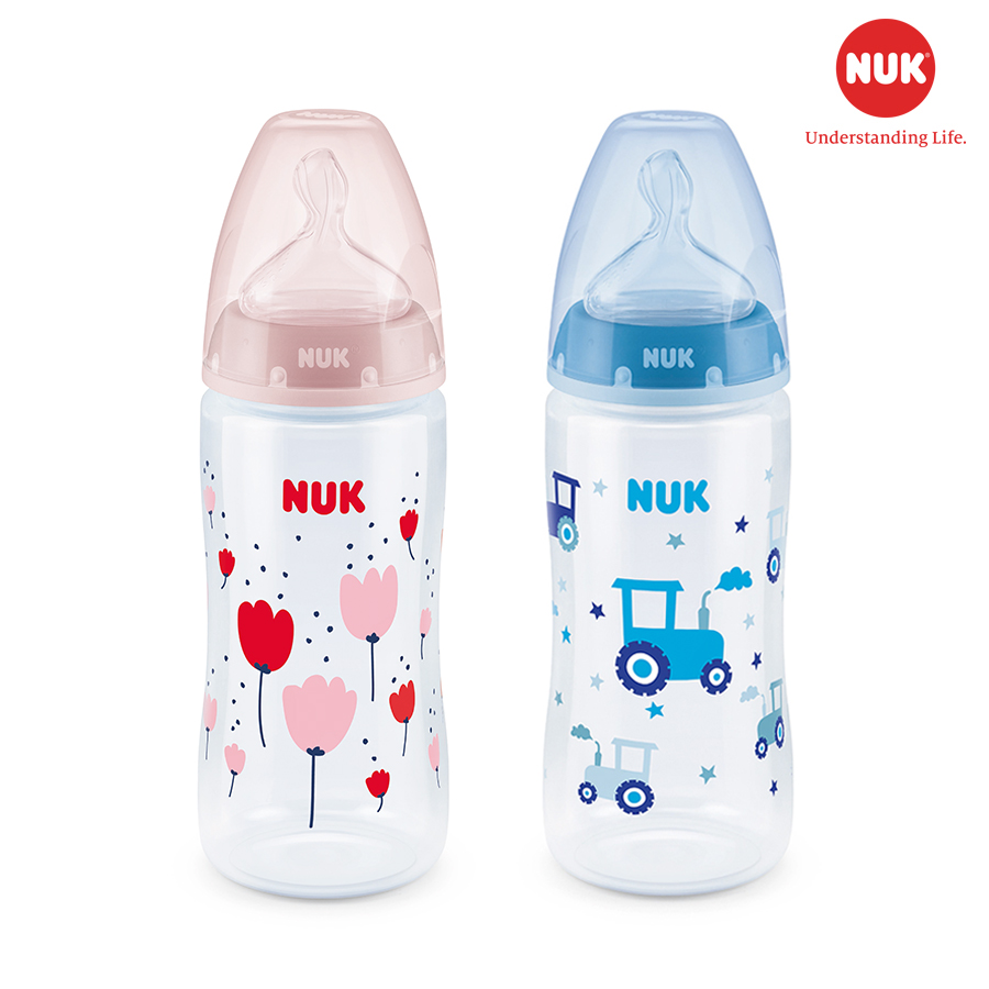 BÌNH SỮA CẢM BIẾN NHIỆT NUK PP 300ML NÚM TI SILICONE S2 - M ( Màu ngẫu nhiên )