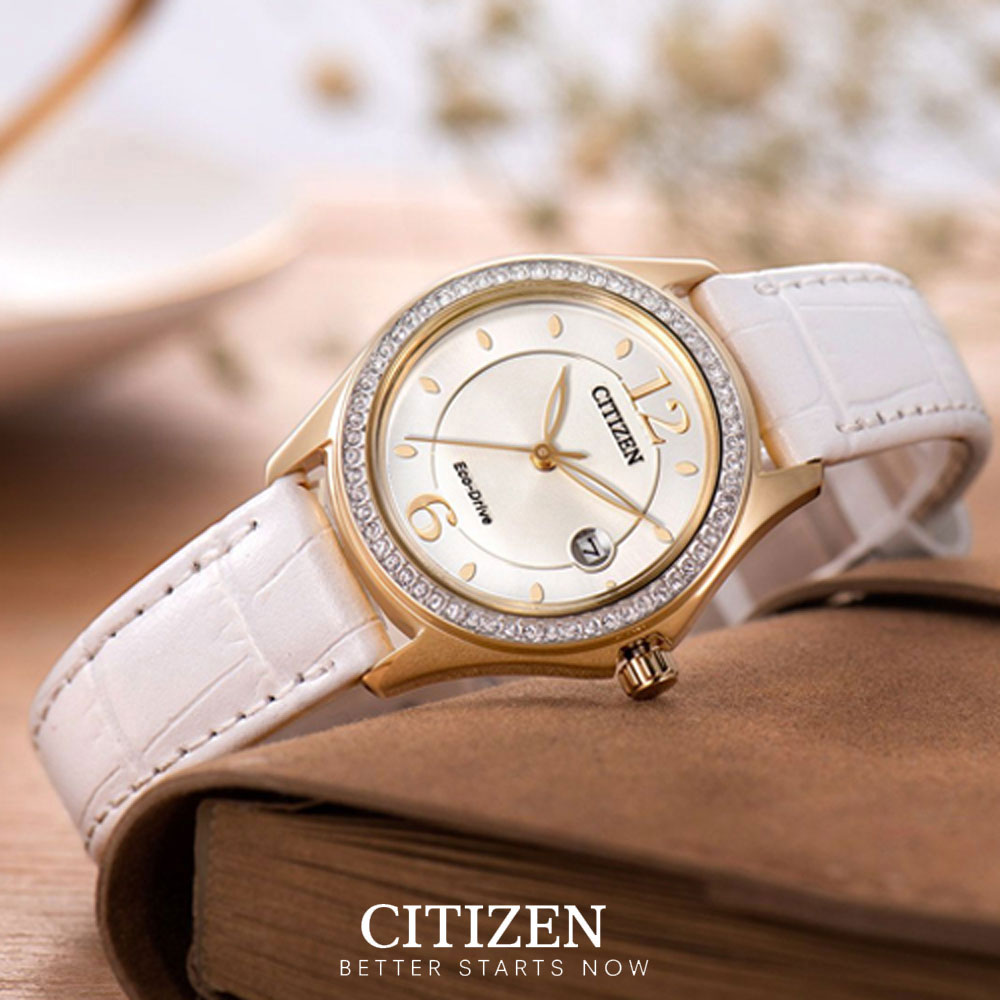 Đồng Hồ Nữ Citizen Đính Đá Swarovski Dây Da FE1142-05P - Mặt Vàng