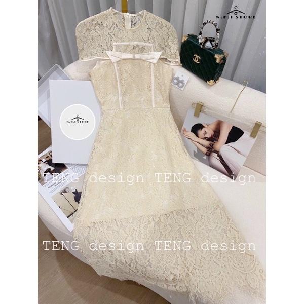 VÁY REN TRẮNG KEM DÁNG DÀI CẦU VAI THIẾT KẾ SIÊU LẠ- đầm tiệc, cưới