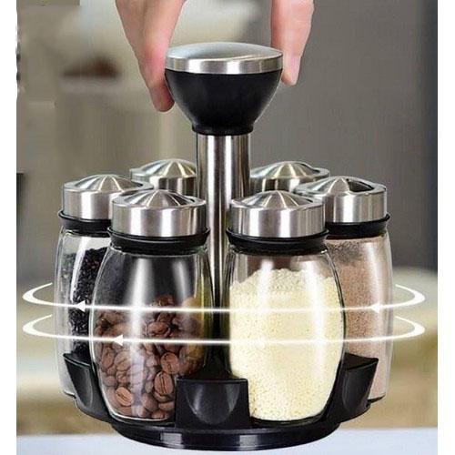 Bộ 6 Lọ Đựng Gia Vị Thủy Tinh Kèm Giá Để Xoay 360 Độ - Giao Hàng Toàn Quốc