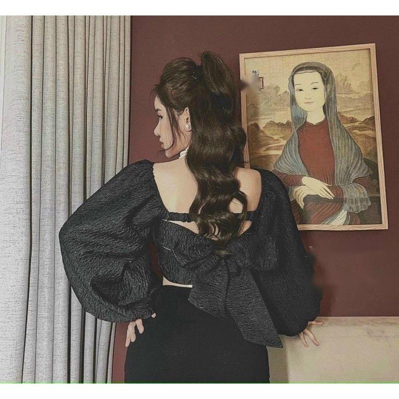 Áo croptop kiểu nữ cổ vuông tay phồng thắt nơ lưng tiểu thư , áo xốp tay phồng thắt nơ lưng HIJUNE AK07
