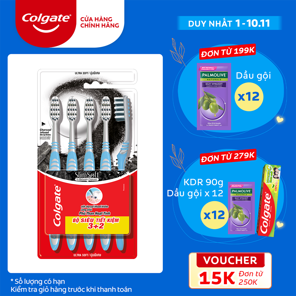 Bộ 5 Bàn chải Colgate Slimsoft Between Charcoal lông chải mềm mảnh xen sợi phủ than hoạt tính (Màu Ngẫu Nhiên)