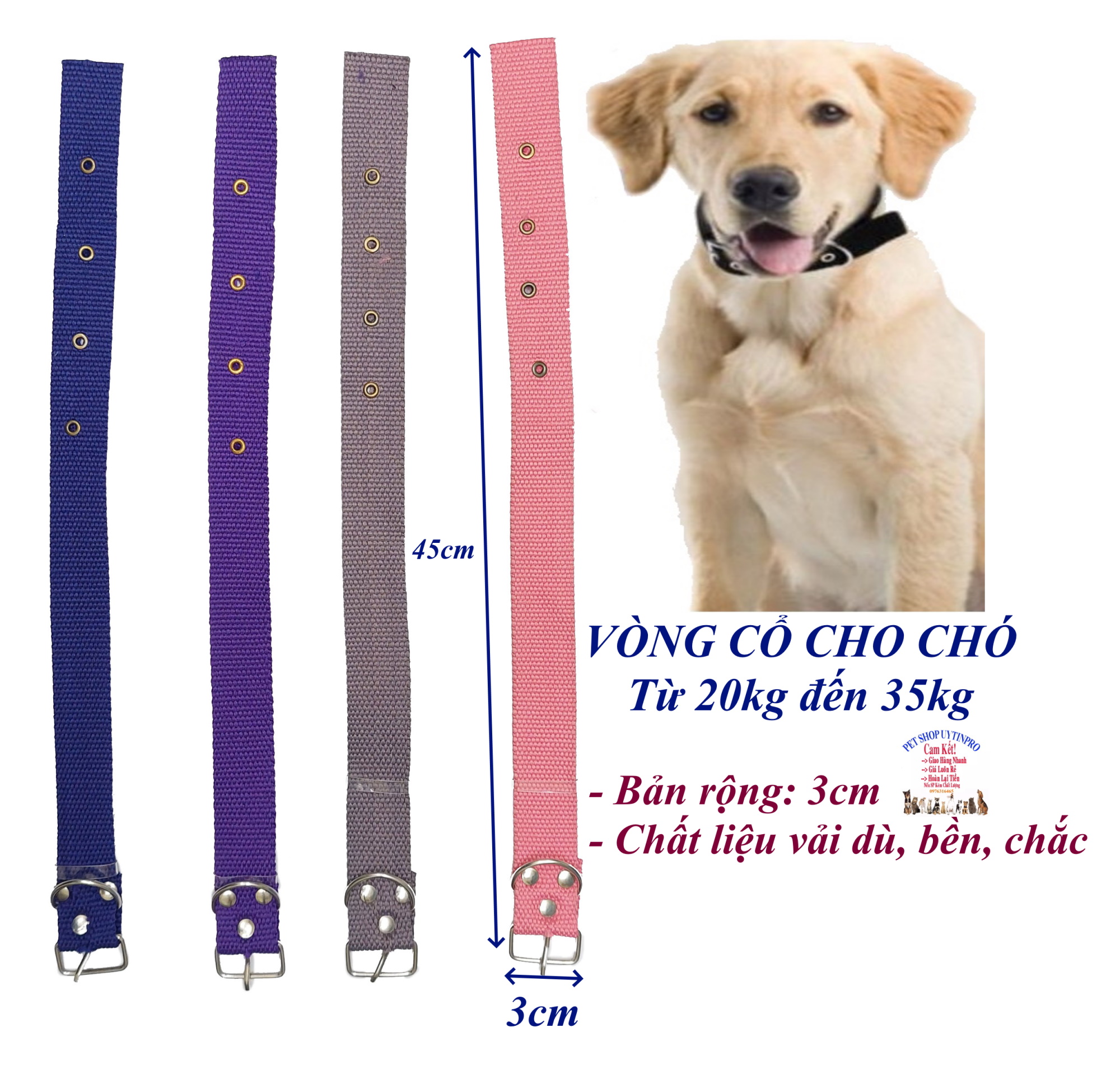 Vòng cổ cho Chó từ 20kg đến 35kg Bản rộng 3cm Chất liệu vải dù dày bền chắc, Có gài điều chỉnh, An toàn cho thú cưng