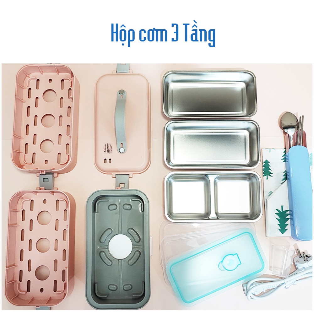 Hộp Cơm Cắm Điện FH-A08 2 Tầng Và FH-A12 3 Tầng Inox 304, Nấu cơm, hâm nóng thức ăn, Quà tặng kèm bộ đũa thìa inox và túi xách - Hàng nhập khẩu