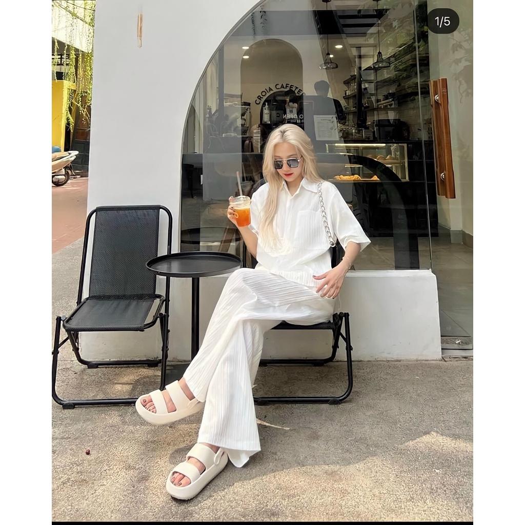 Bộ Áo Sơ Mi Cộc Tay Quần Culottes Nữ Vải Xốp Gân