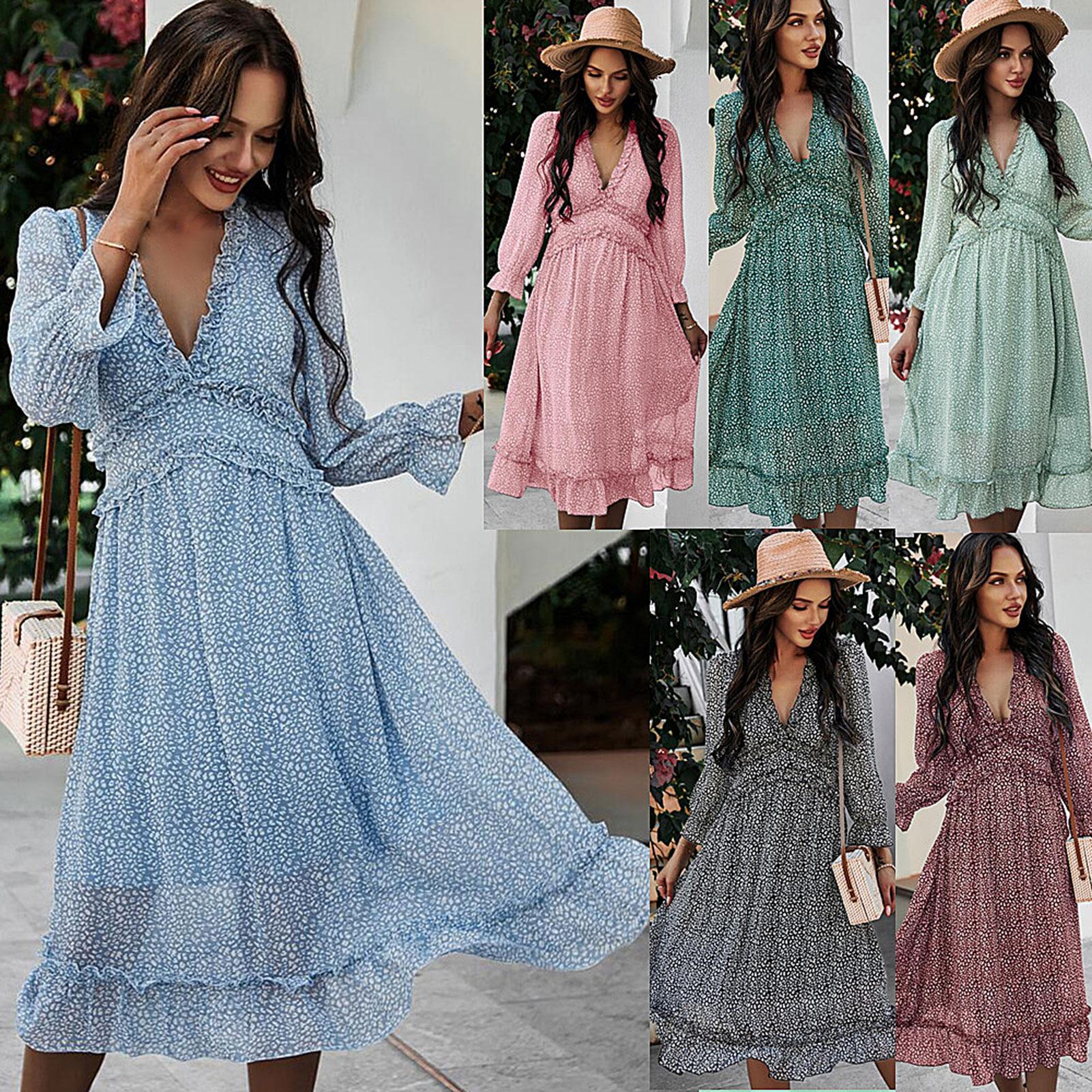 Women Dress Floral V Neck Ruffle High Waist Puff Long Sleeve Chiffon Casual Loose Long Dress