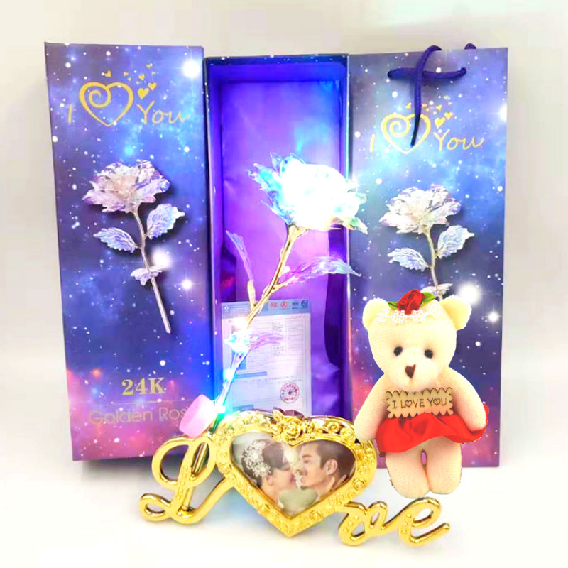 Quà Valentine, Quà 8/3 Ý Nghĩa Tặng Vợ, Tặng Bạn Gái - Hoa Hồng Galaxy Phát Sáng Có Đèn Led Khung Hình Chữ Love Kèm Gấu Bông Nhỏ