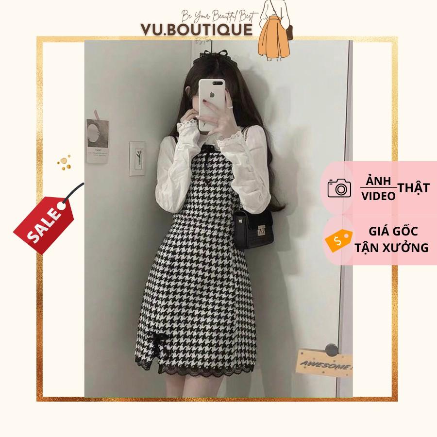 Set yếm caro đen viền ren + áo sơ mi trắng tay rút
