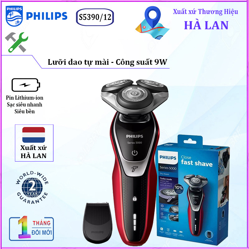 Máy cạo râu khô và ướt cao cấp Philips S5390/12 tích hợp hai lưỡi cạo Super Lift & Cut Action - Hàng Nhập Khẩu